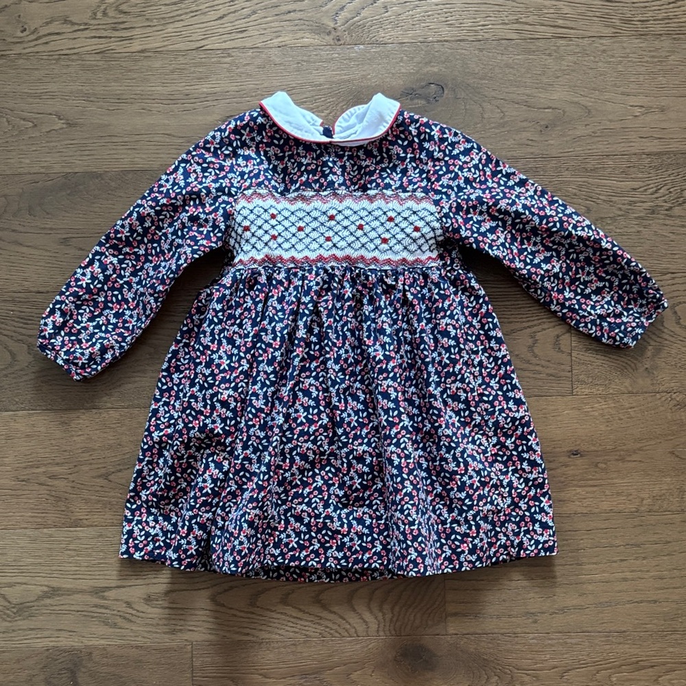 Rachel Riley 2T Navy Floral Smocked Long-Sleeve Kids Dress with Peter Pan Collar